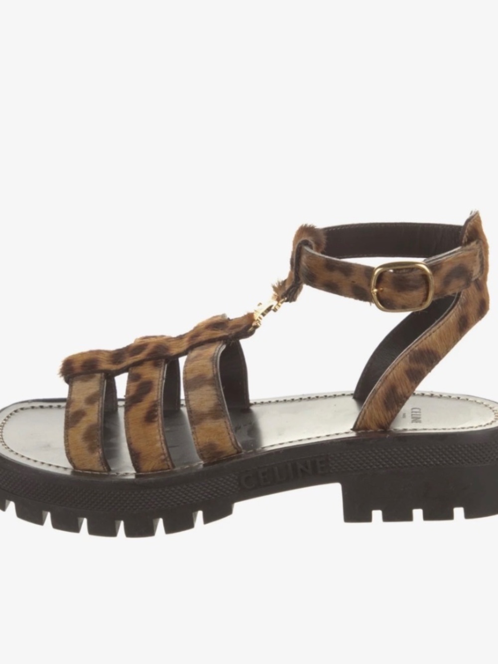 Celine Triomphe Clea Gladiator Sandals, Size 36, leopard hair calf